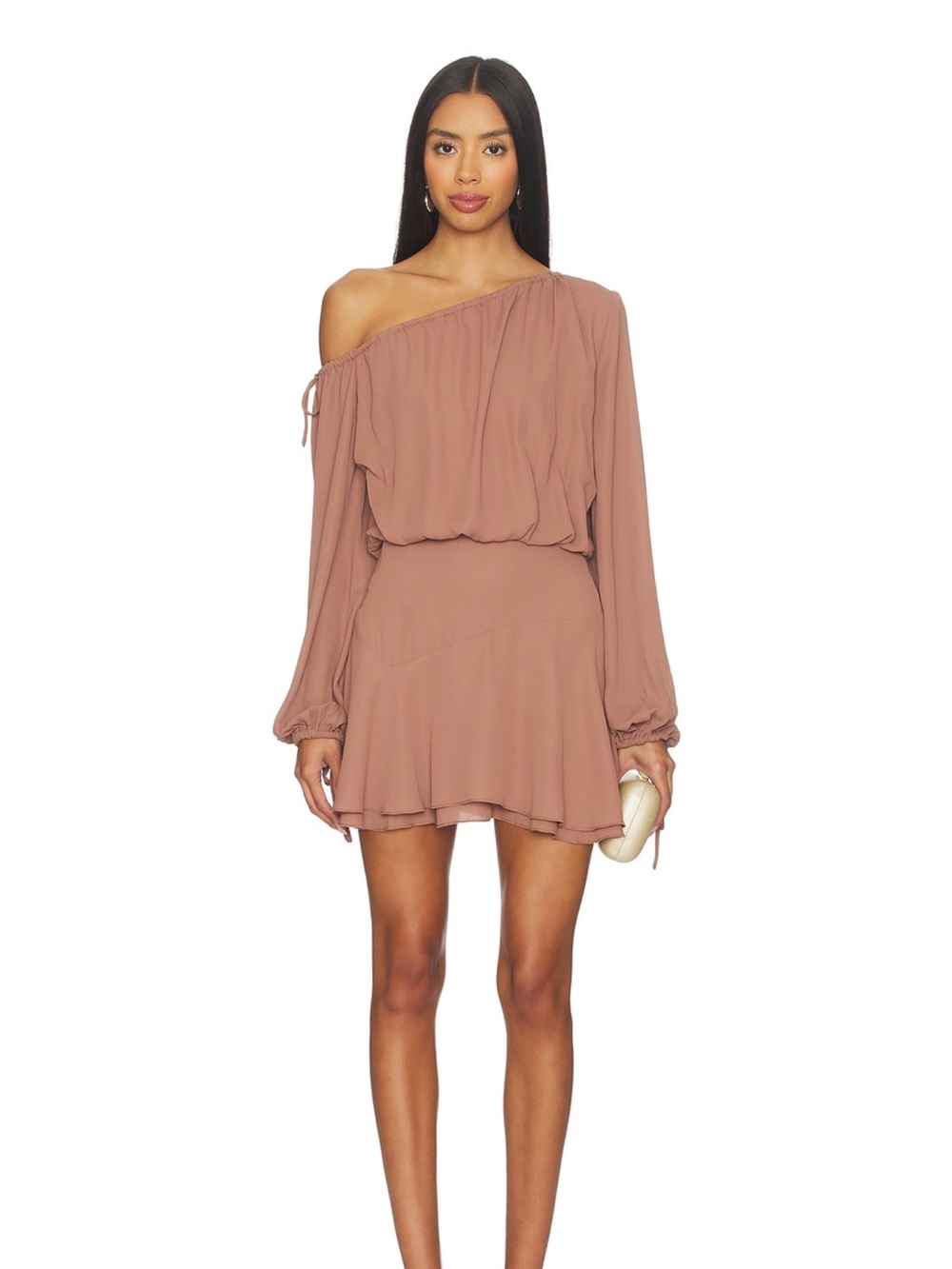 More to Come Violetta Mini Dress in Mocha Off the Shoulder Large